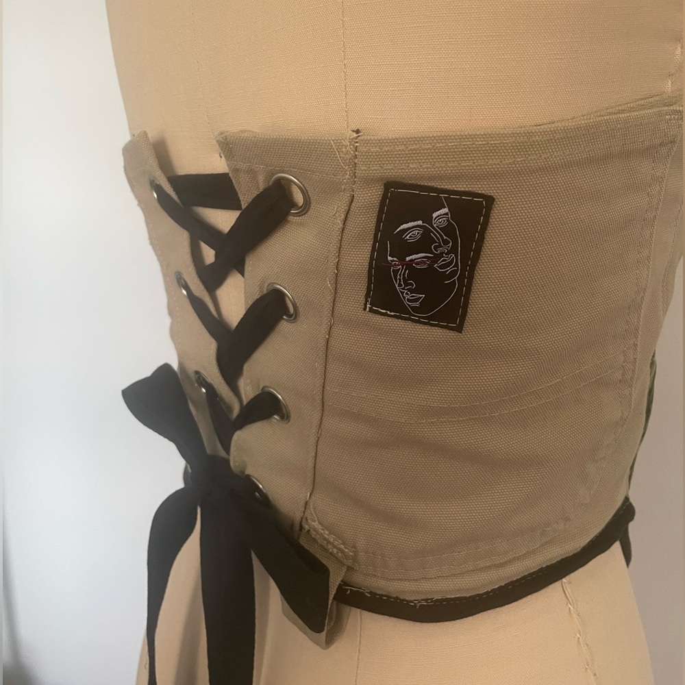 Tan and Black Denim Strapless Corset Top - Picture 5 of 6